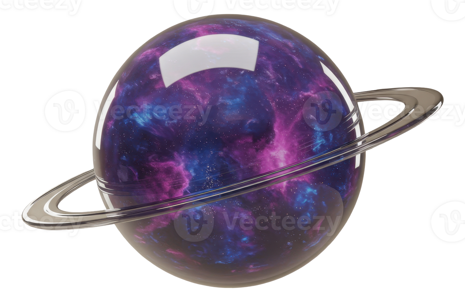 Vibrant 3d galaxy planet with rings reflecting cosmic nebula patterns png