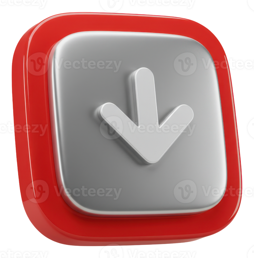Sleek 3d download button icon with white down arrow on gray and red design png