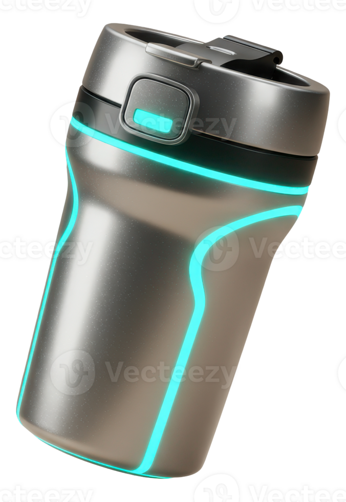 Modern insulated travel mug with sci fi glowing elements and stainless steel finish png