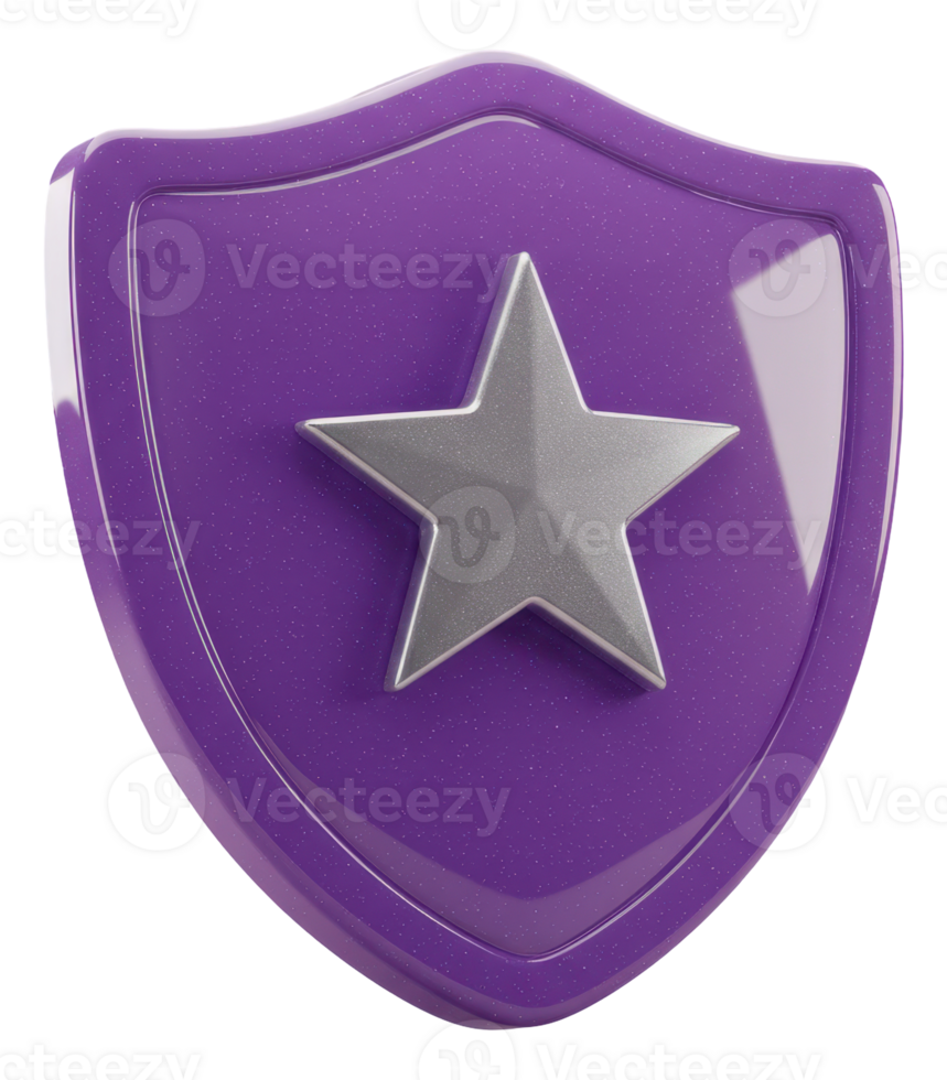 Vibrant purple 3d shield with silver star emblem for achievement and protection png