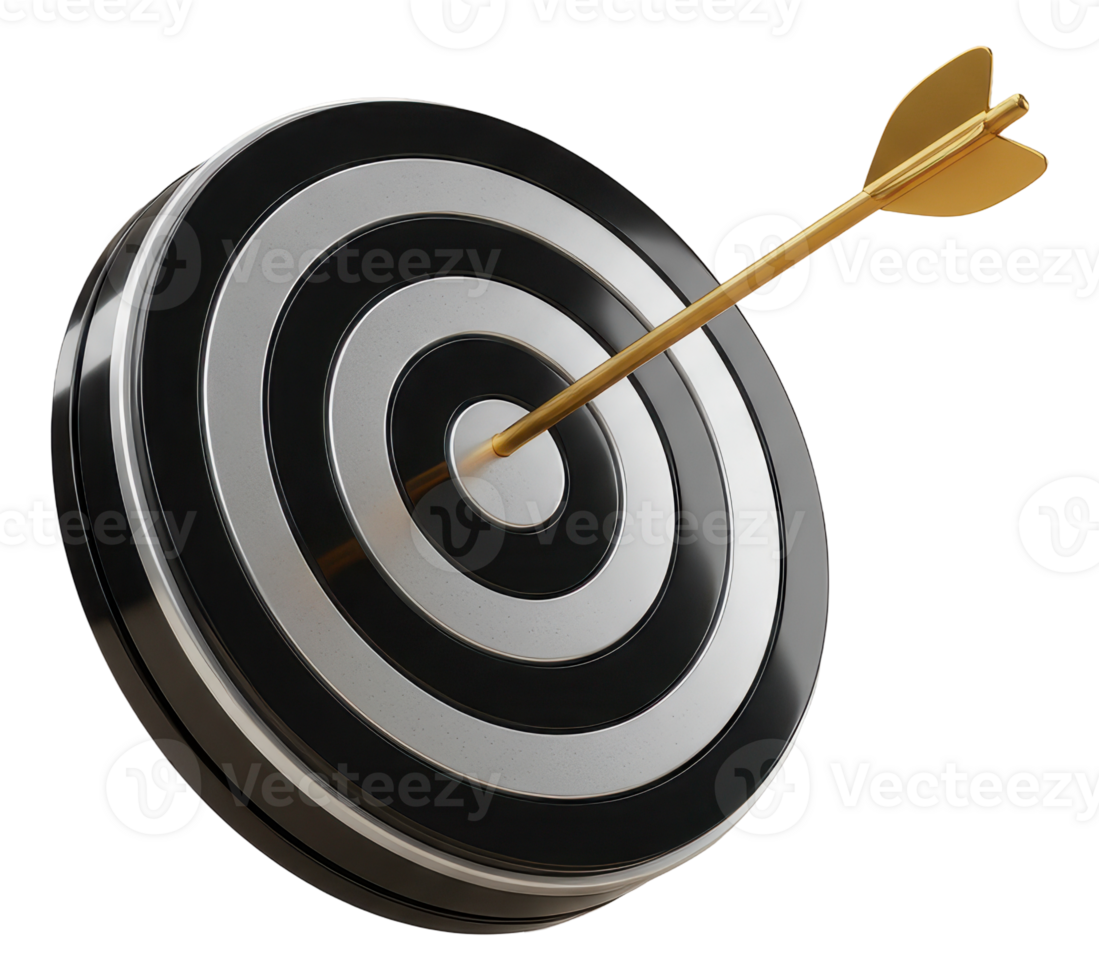 Golden arrow hitting bullseye on sleek black and silver target for success png