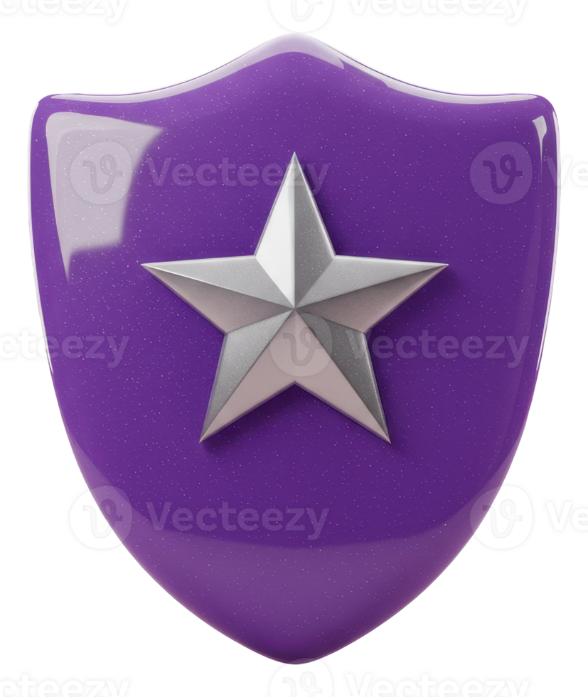 3d purple shield with silver star for digital security and gaming achievements png