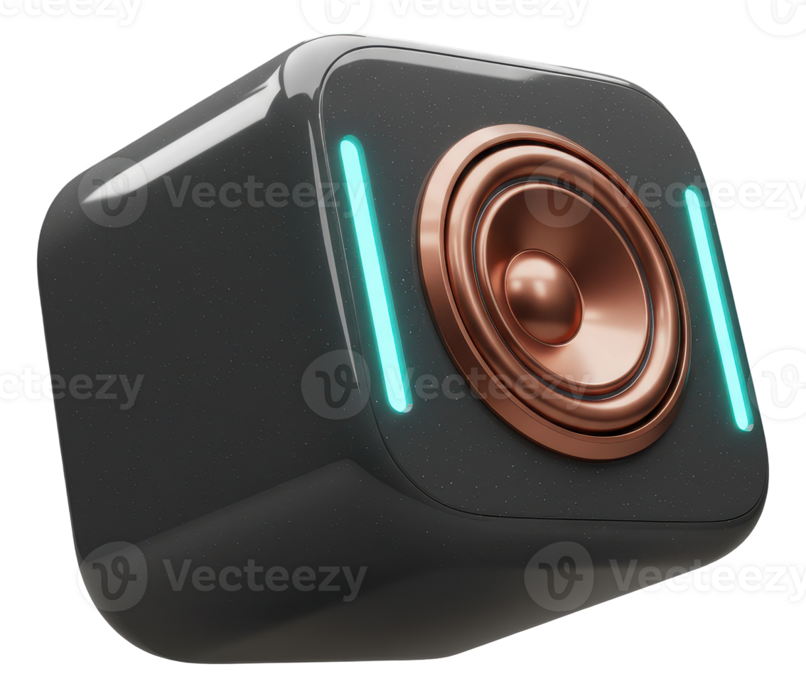 Futuristic dark speaker with copper cone and striking illuminated blue light bars png