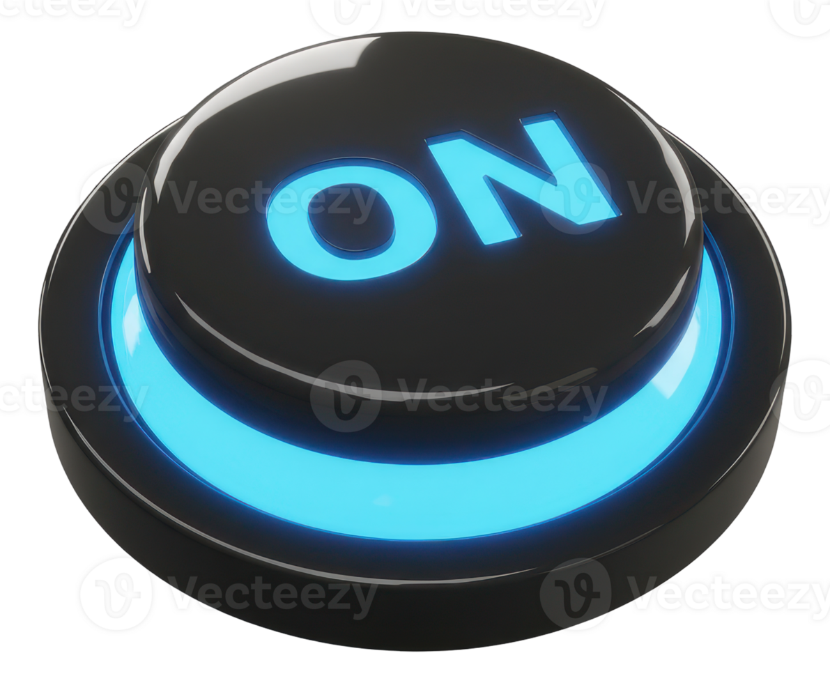 Modern black on button with bright blue illumination for digital power and control png