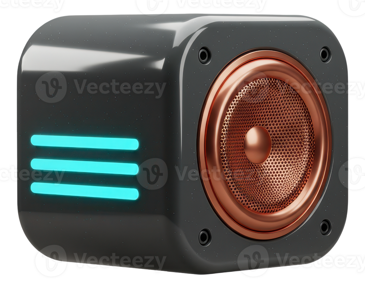 Stylish dark gray speaker with copper woofer and bright blue led accents png