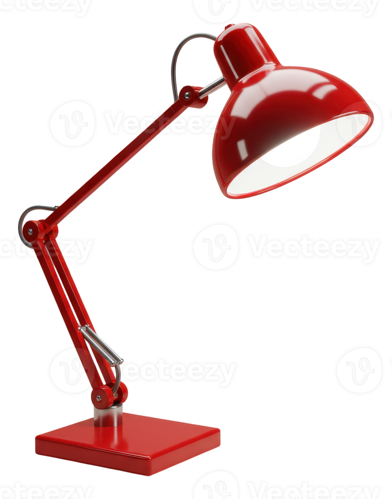 Shiny red adjustable desk lamp with bright illumination for home office or study png