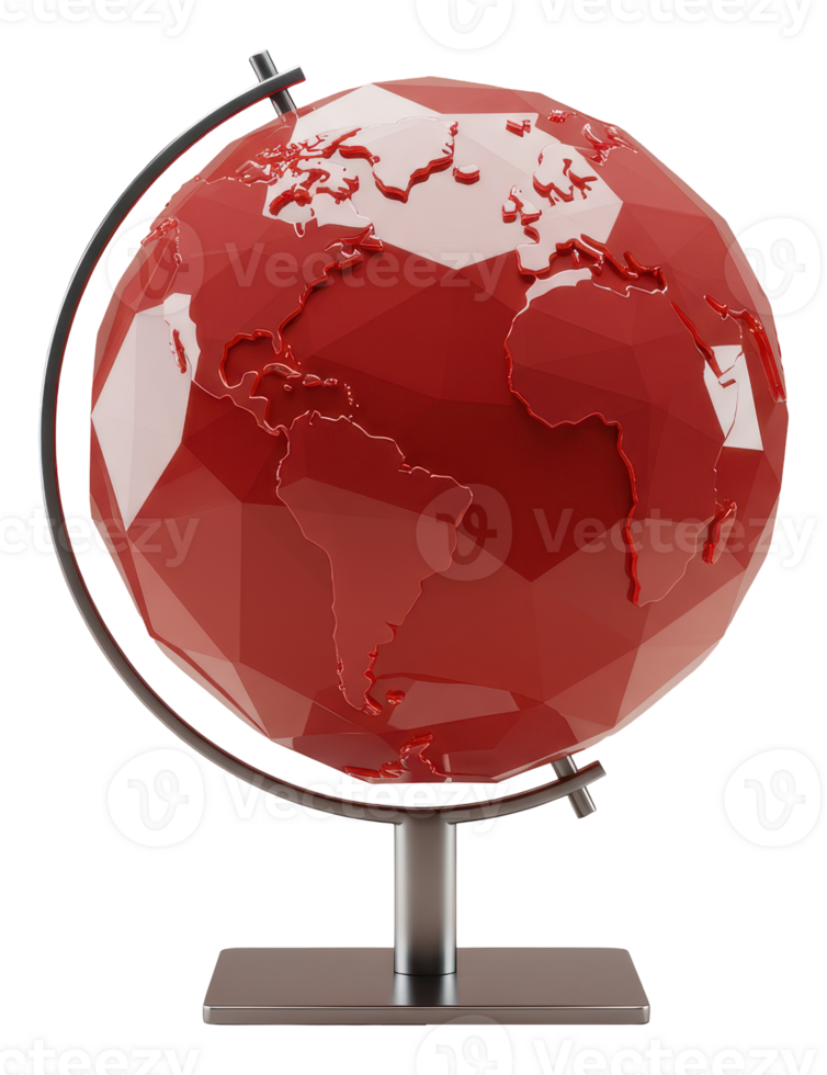 Vibrant geometric red globe with detailed continents on a sleek silver stand for global concepts png
