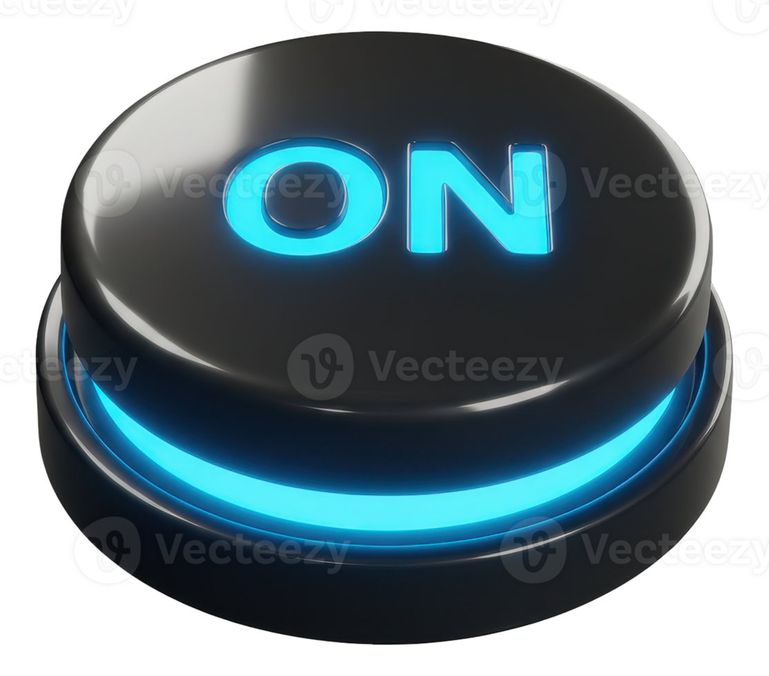 Glossy black on button with vibrant blue glow for power and activation png
