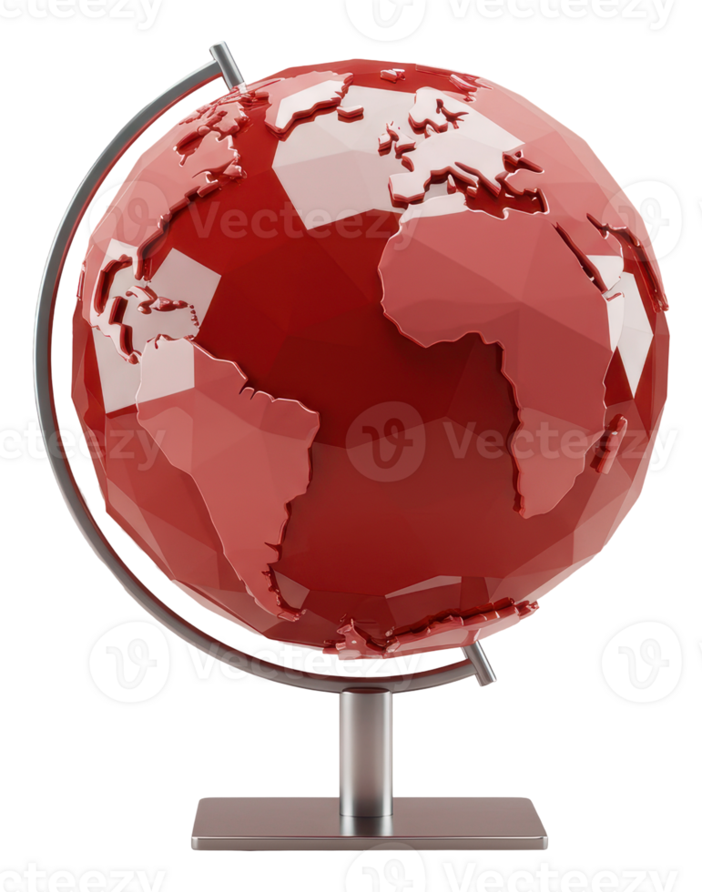 Red polygonal earth globe on a silver stand representing global connection and data png