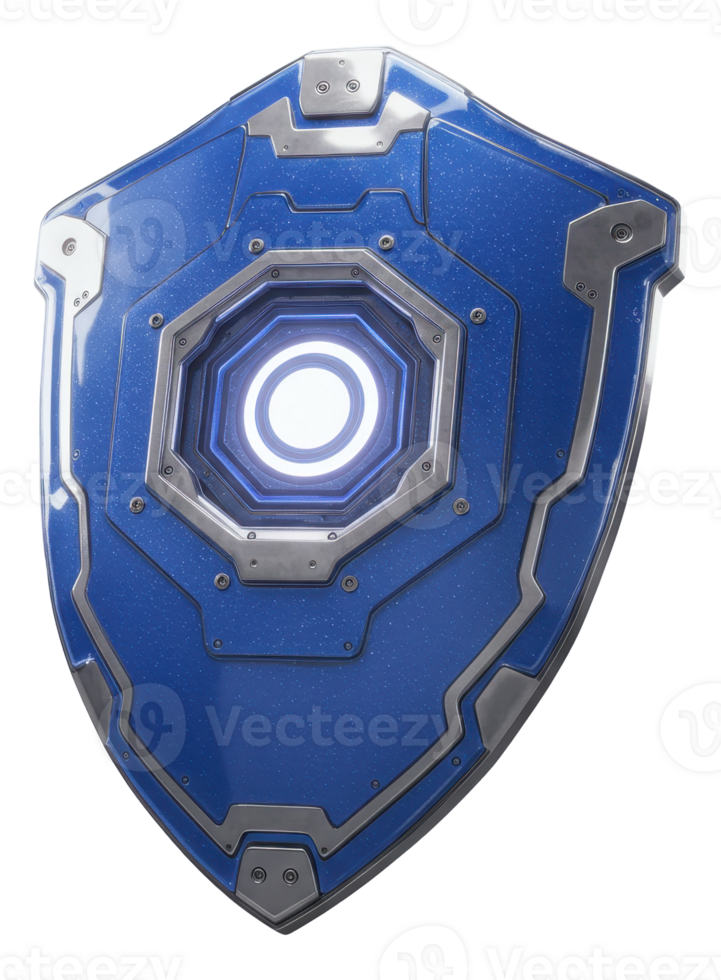 Advanced futuristic blue and silver sci fi shield with luminous energy core png
