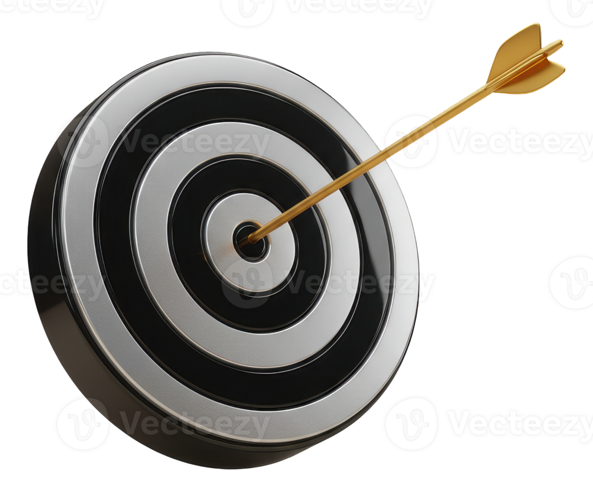 Golden arrow hitting bullseye on a modern metallic target board for success png