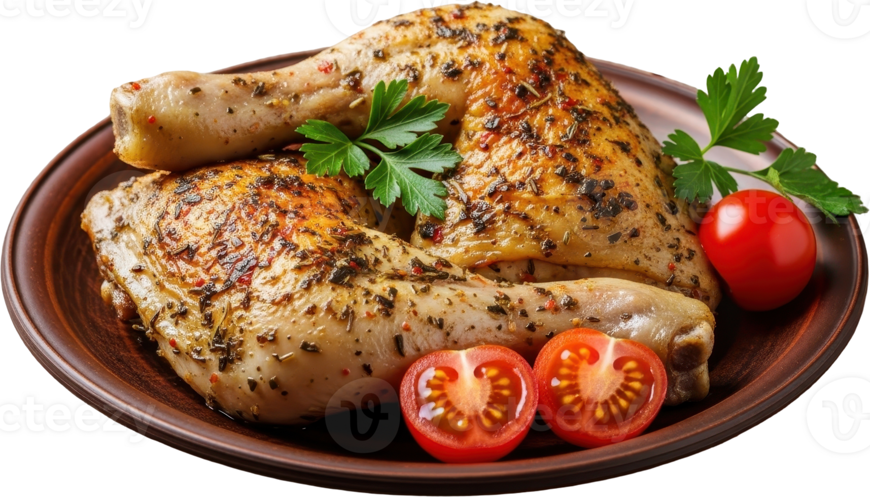 Delicious roasted chicken legs seasoned with herbs and spices served on a rustic plate png