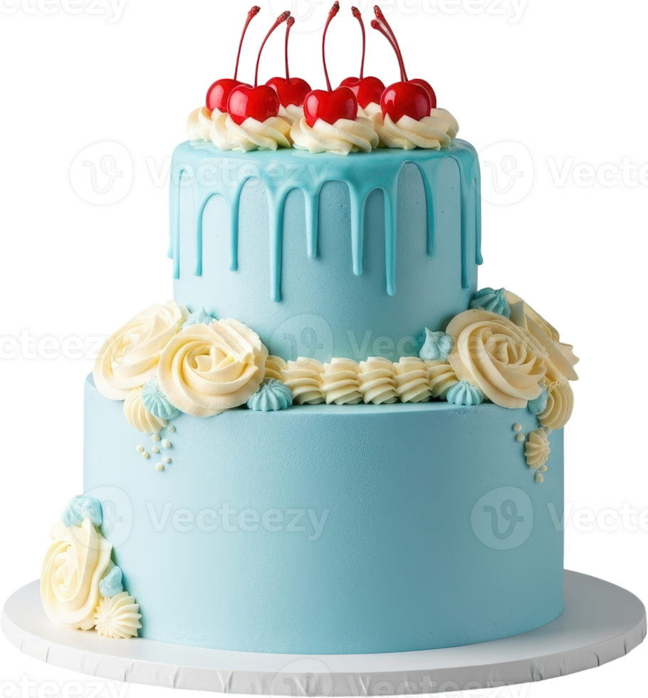 Elegant two tier light blue cake with red cherries and cream floral decorations png