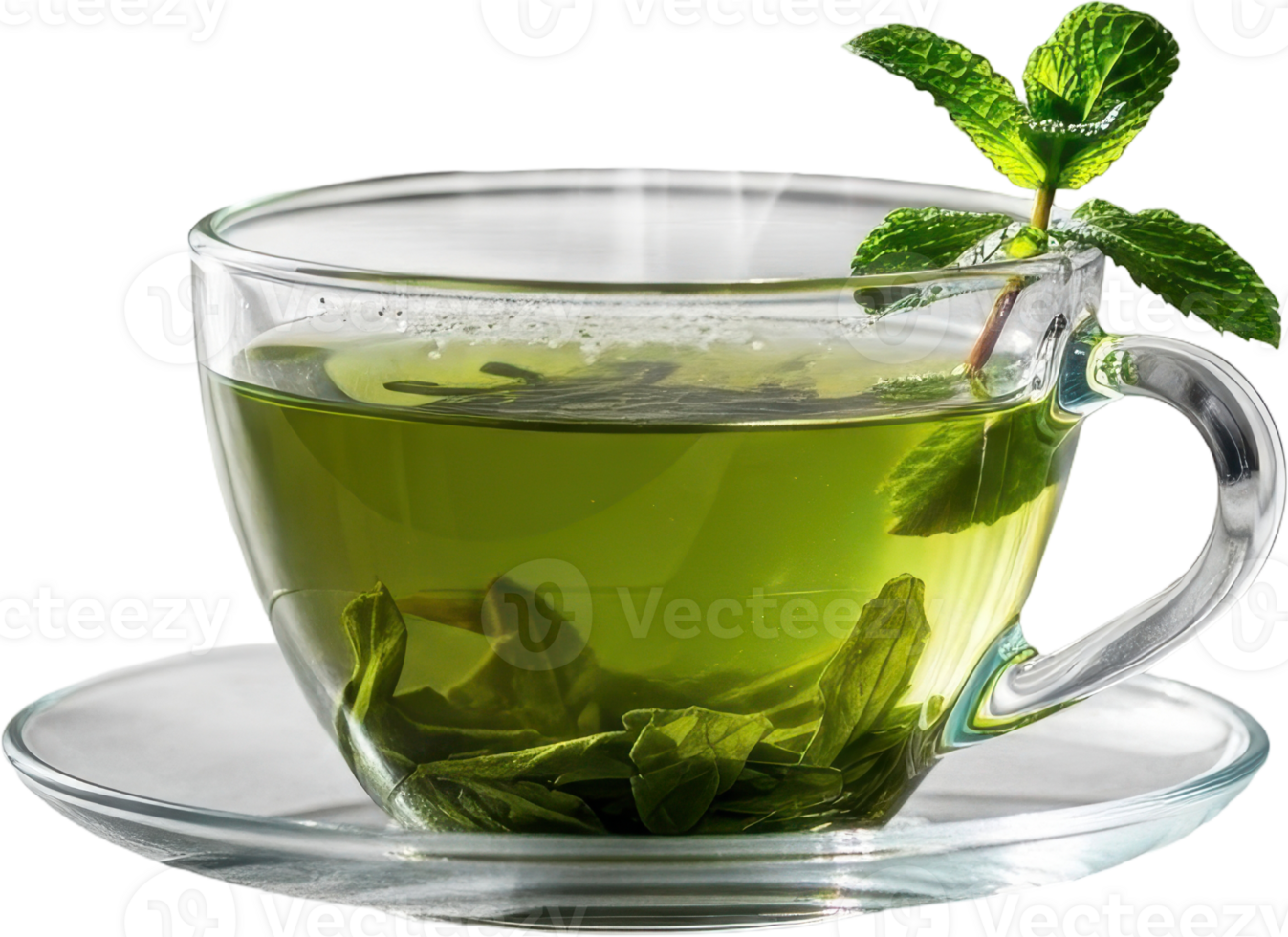 Invigorating steaming vibrant green tea in a clear glass teacup with fresh mint png