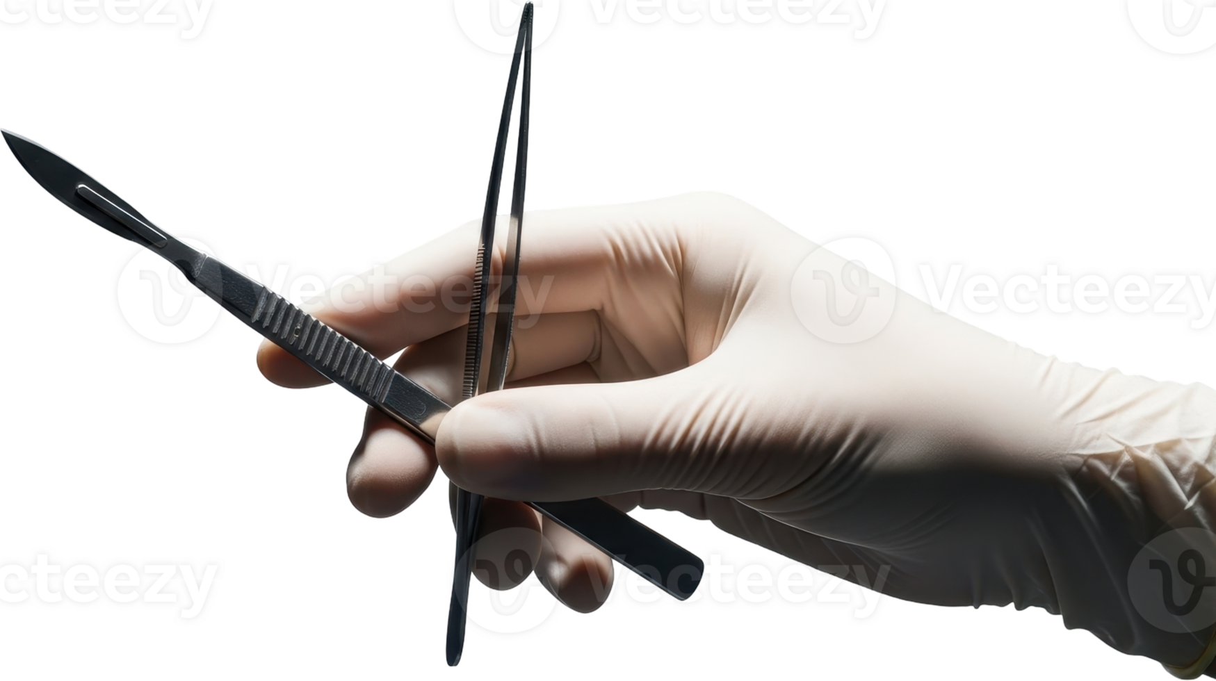 Surgeon gloved hand holding sharp scalpel and fine forceps for medical precision png