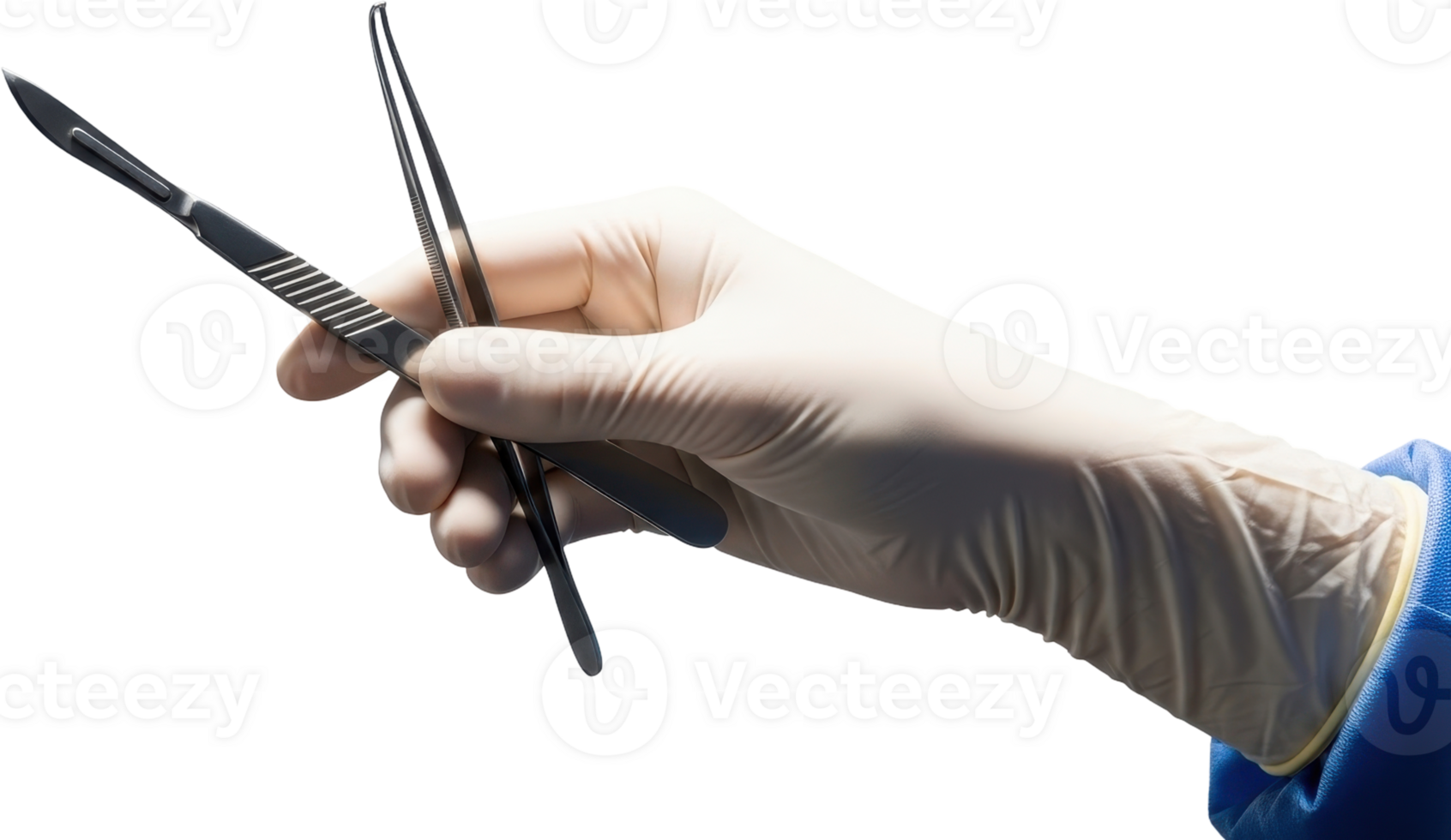 Hand in sterile surgical glove holding a sharp scalpel and medical forceps for surgery png