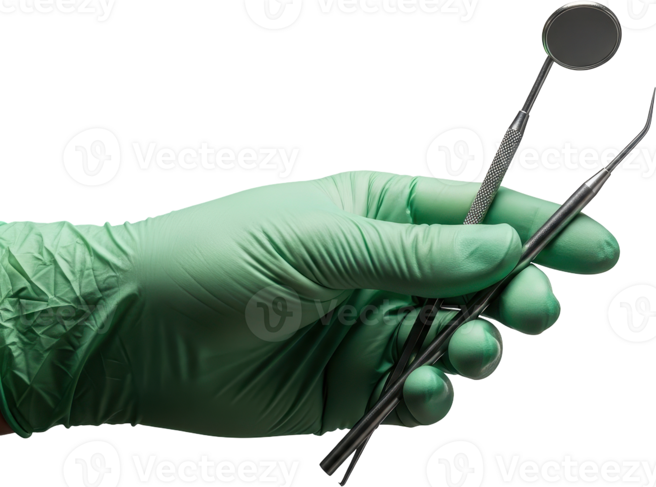 Dentist hand in green glove with dental mirror and explorer tool png