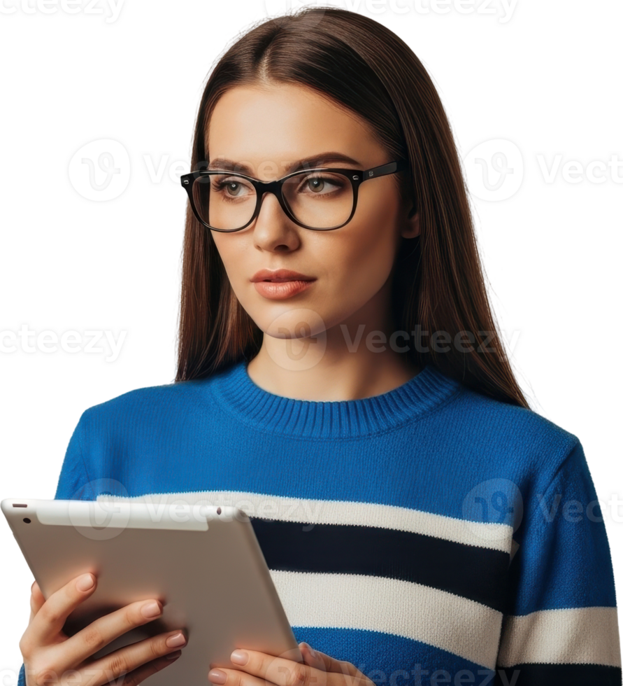 Thoughtful young woman with long brown hair wearing stylish glasses holding a modern digital tablet png