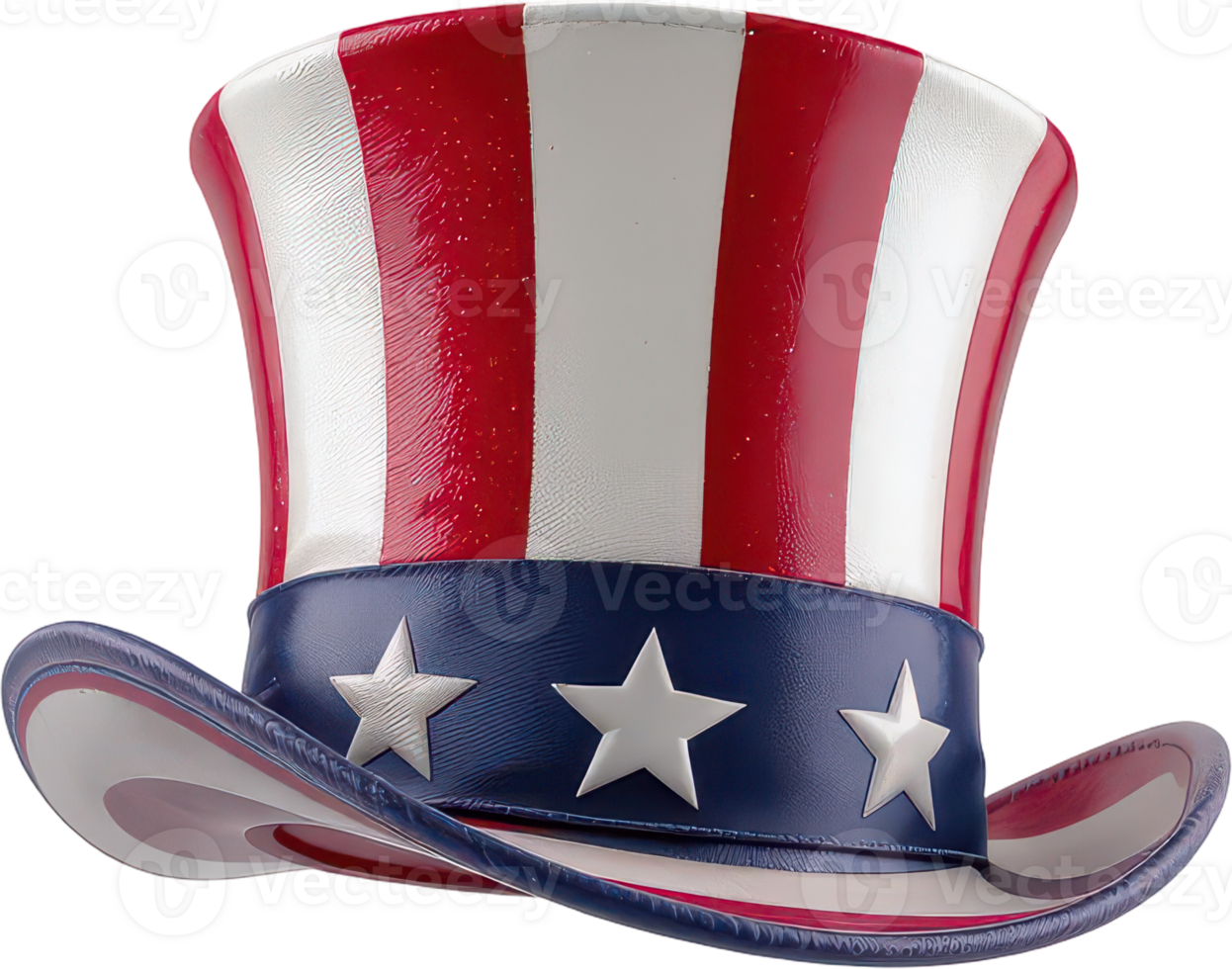 Vibrant patriotic top hat with red white blue stripes and star accents png