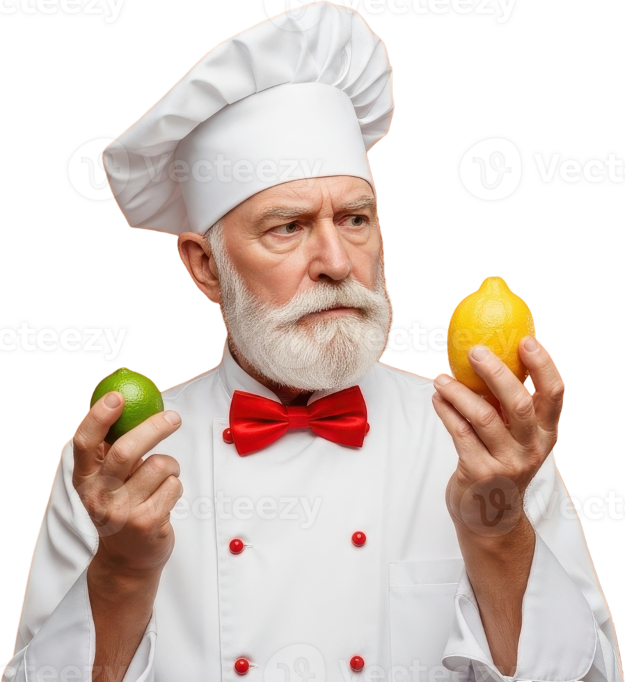 Thoughtful senior chef in uniform holding a fresh lime and a vibrant yellow lemon png