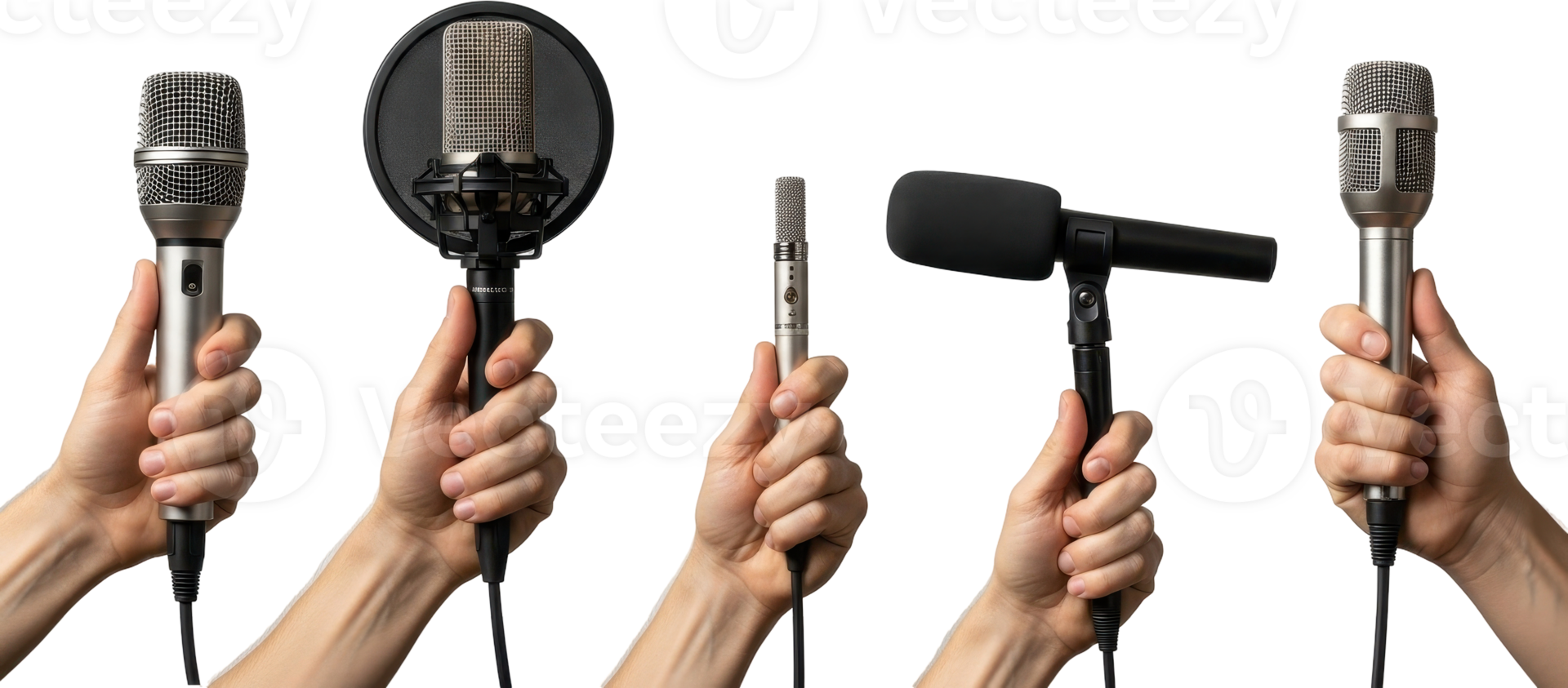 Diverse hands holding various professional microphones for audio recording and live performance png