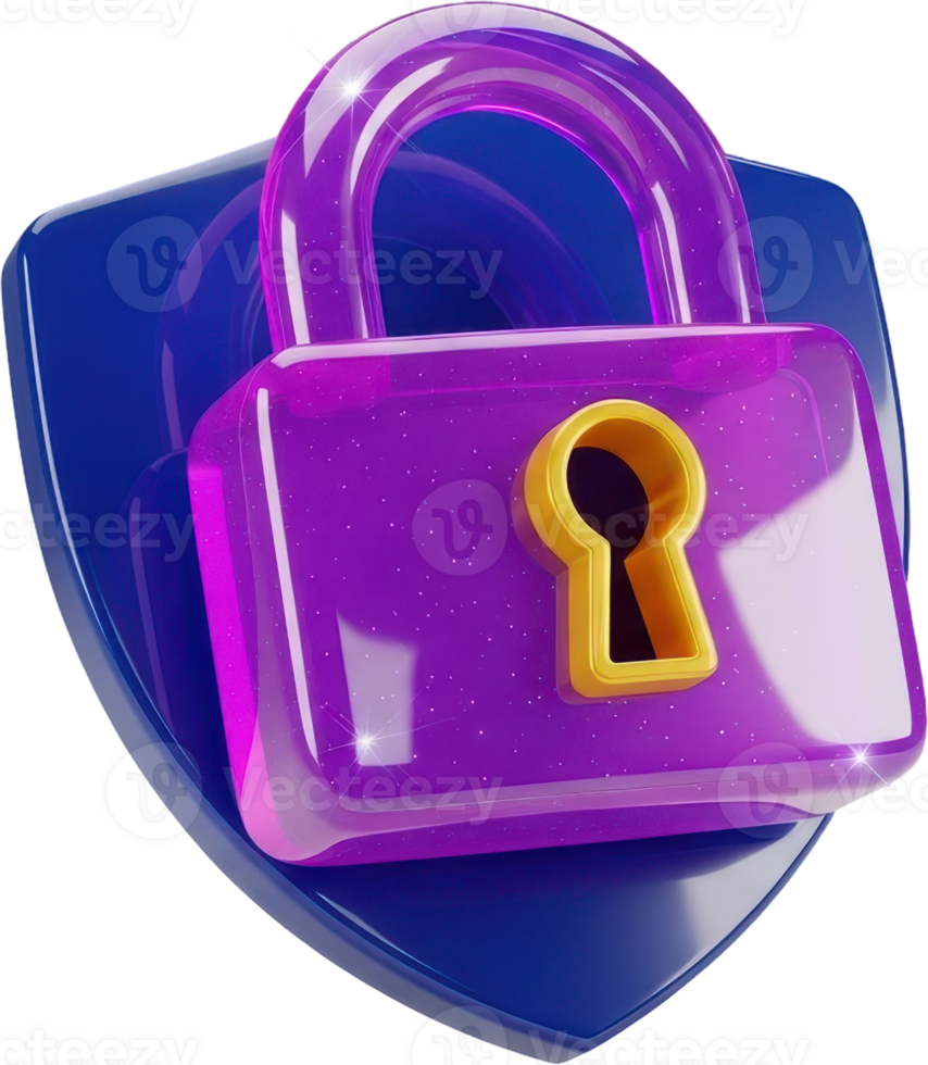 Glossy purple padlock with golden keyhole on blue shield for cybersecurity png