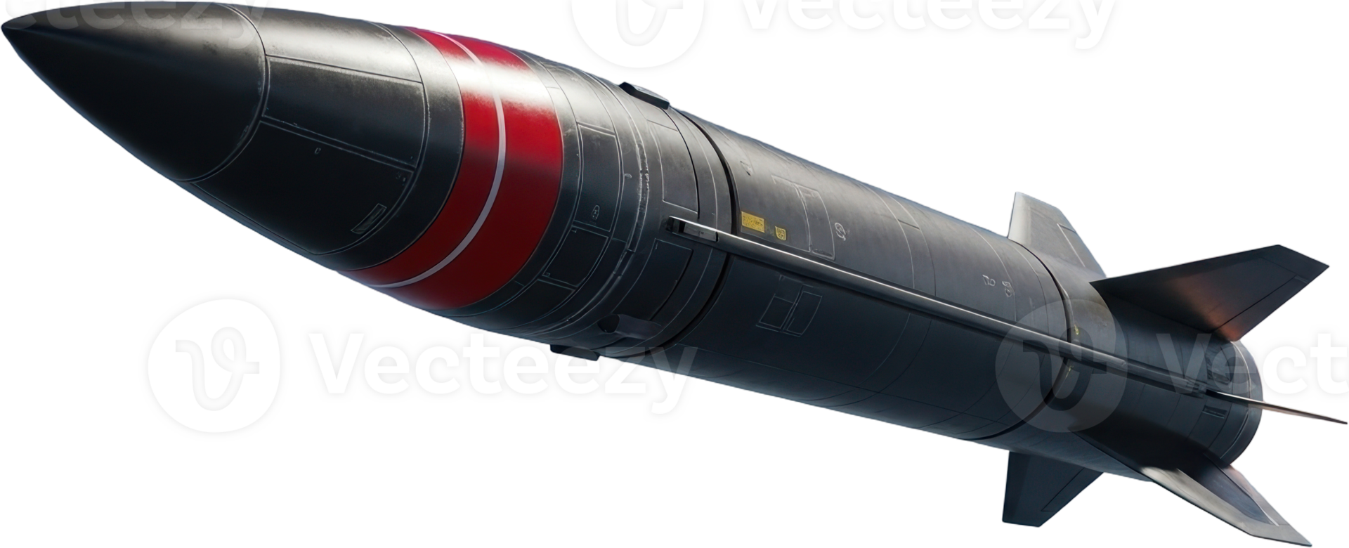 Highly detailed dark grey ballistic missile with red warning stripe and intricate panel lines png