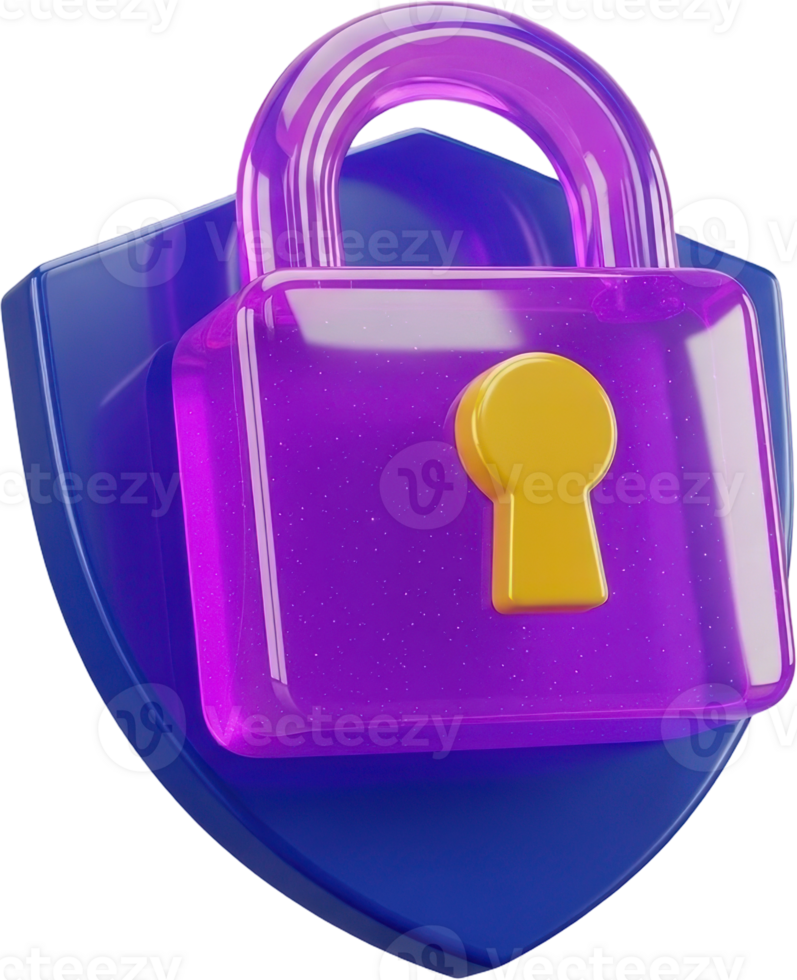 Glossy purple padlock with golden keyhole on blue shield for digital security png