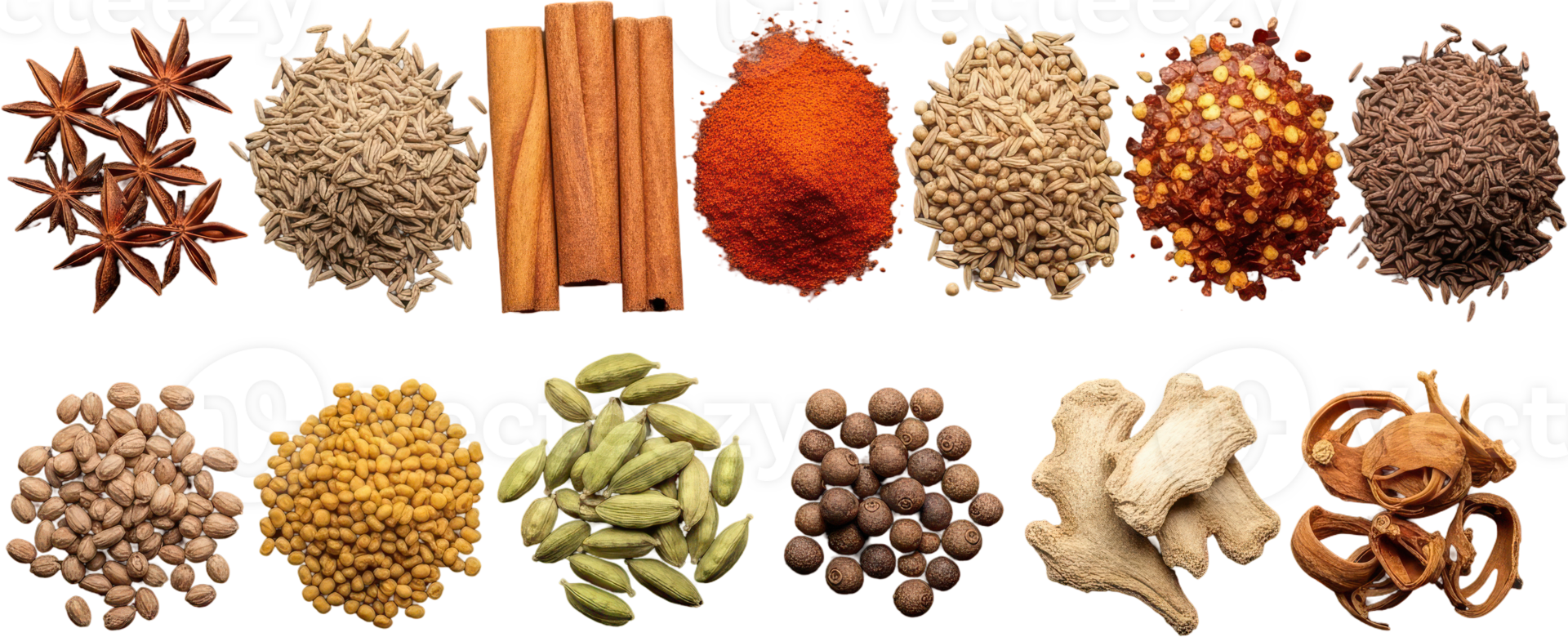 Colorful array of whole and ground spices for cooking, baking, and seasoning dishes png