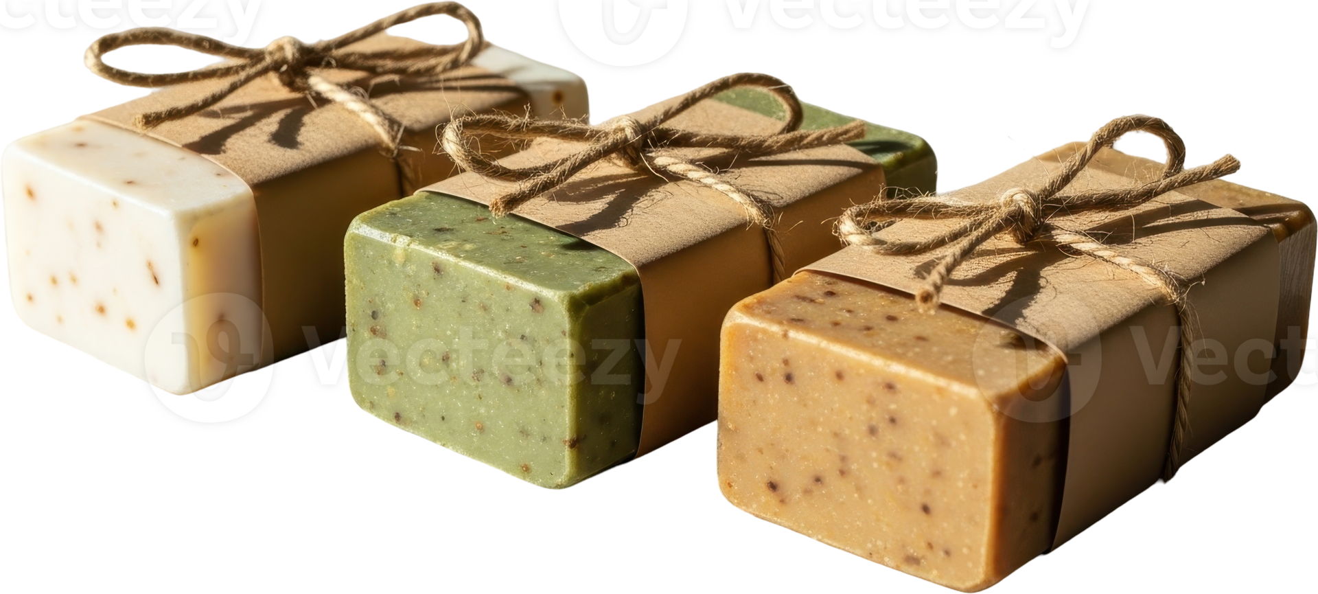 Assortment of three natural handmade soap bars wrapped in kraft paper and twine png