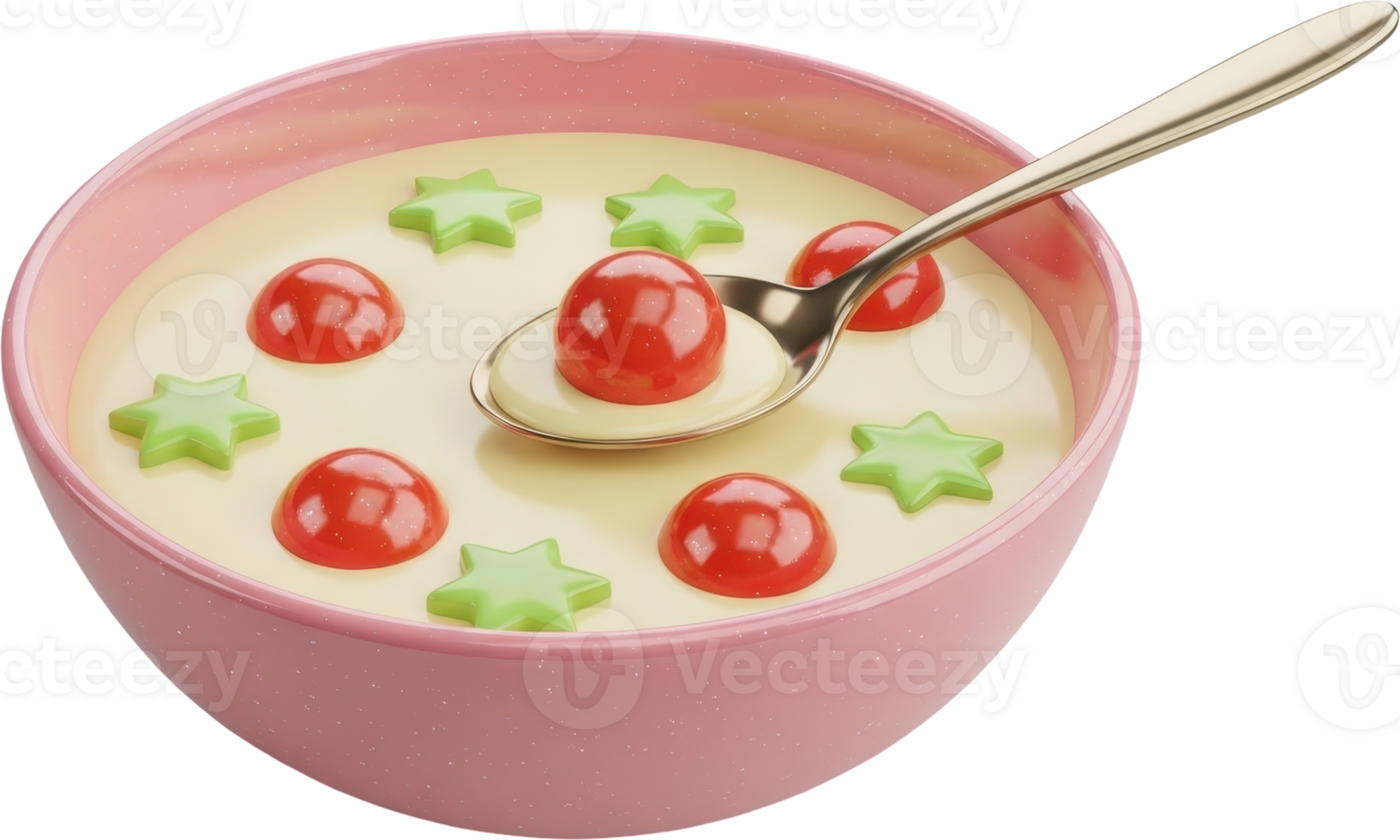 Sweet dessert soup in a pink bowl with colorful star and berry shaped candies png