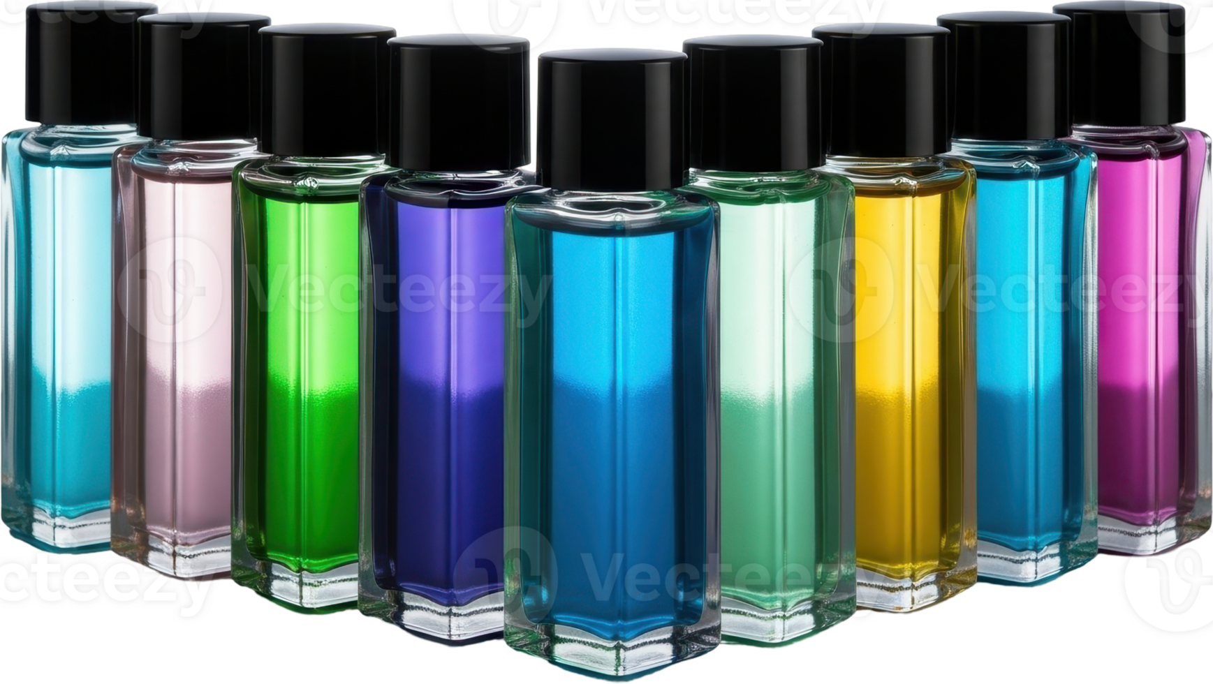Vibrant collection of rectangular glass bottles with black caps for fragrance and beauty png