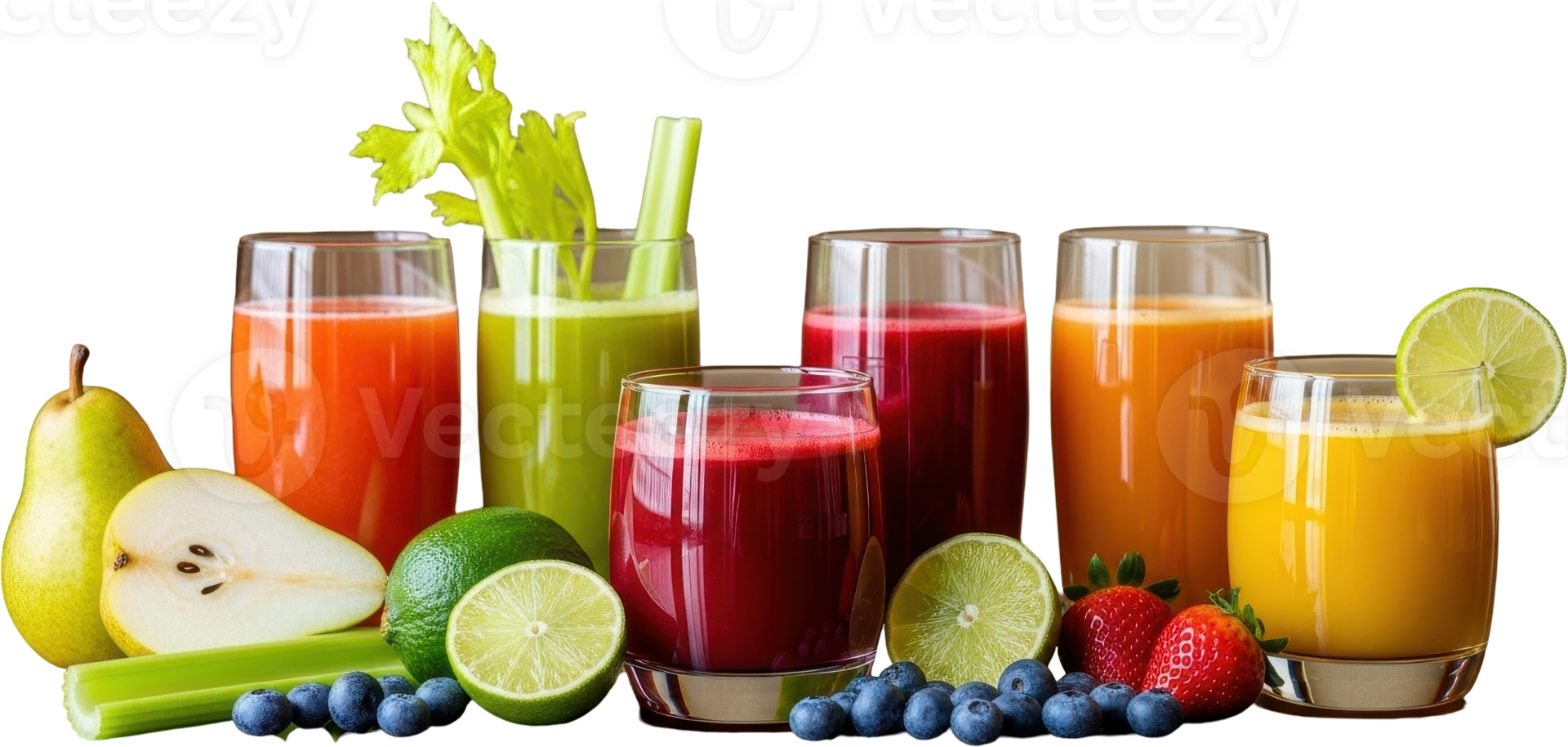 Colorful assortment of fresh fruit and vegetable juices with whole ingredients png