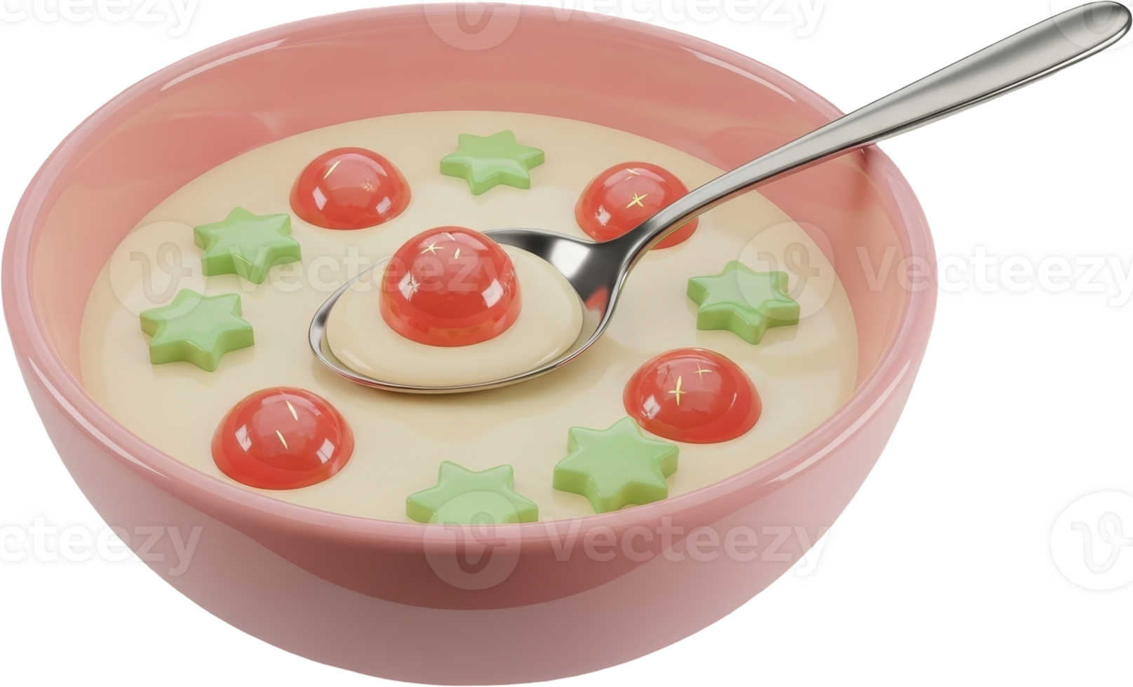 Sweet creamy yellow soup in a pastel pink bowl with red spheres and green star shapes png