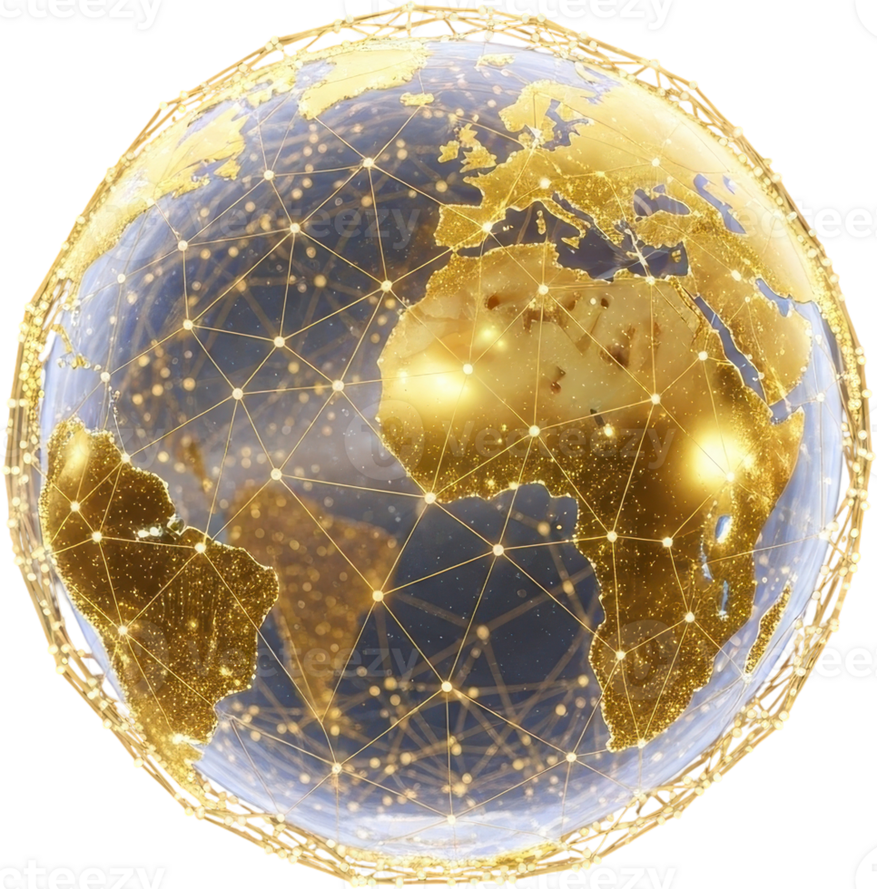 Digital earth globe with glowing gold connections representing global communication png