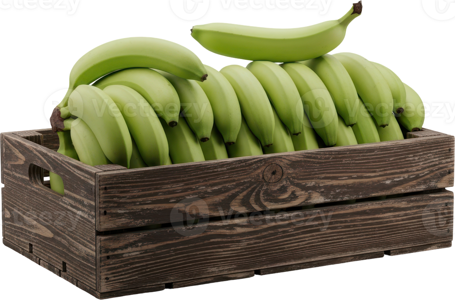 Fresh unripe green bananas stacked in a rustic wooden crate for healthy food display png