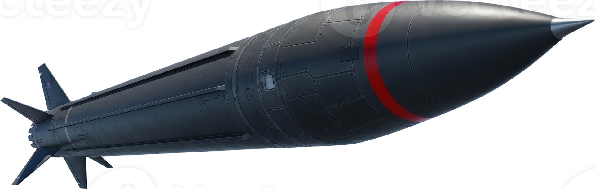 Advanced dark grey ballistic missile with red warning stripe and intricate details png