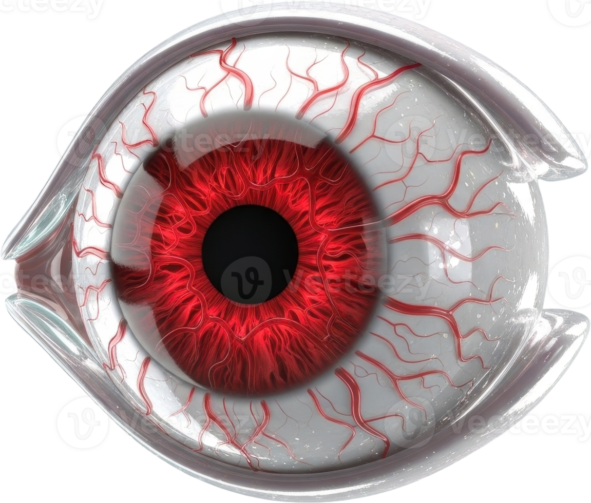 Striking 3d human eye with detailed red iris and bloodshot sclera close up view png
