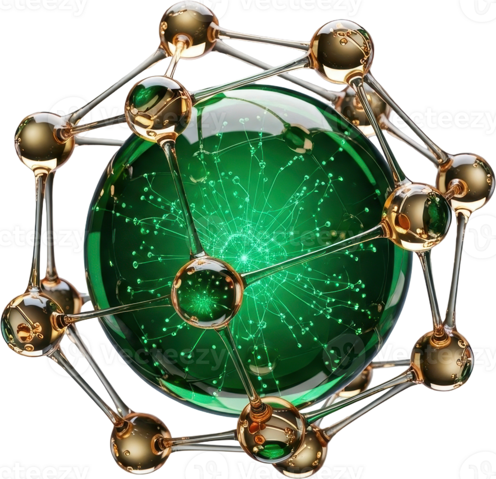 Futuristic emerald green sphere with glowing internal network and metallic grid png