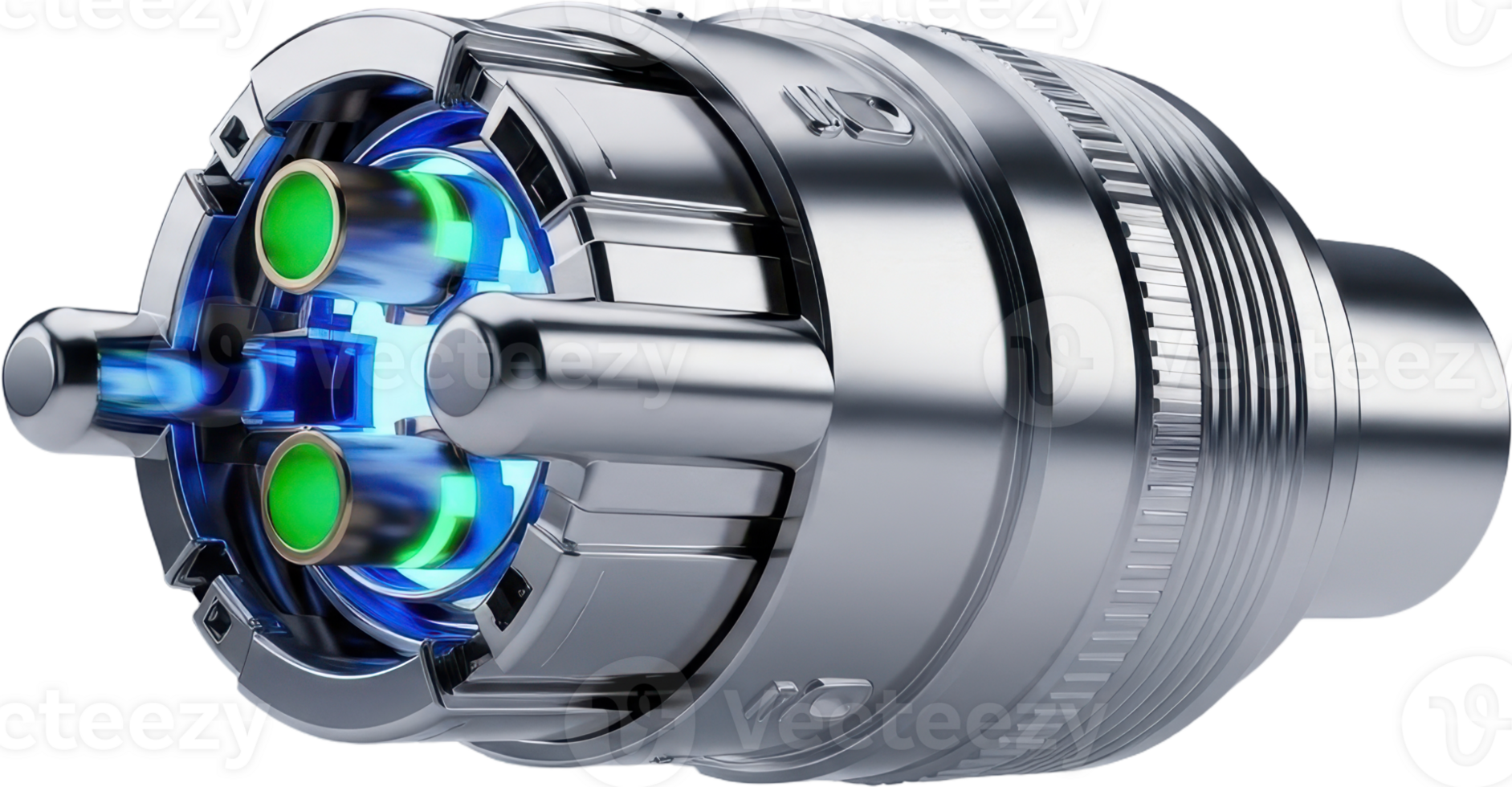 Advanced futuristic composite audio connector with polished chrome and glowing blue lights png