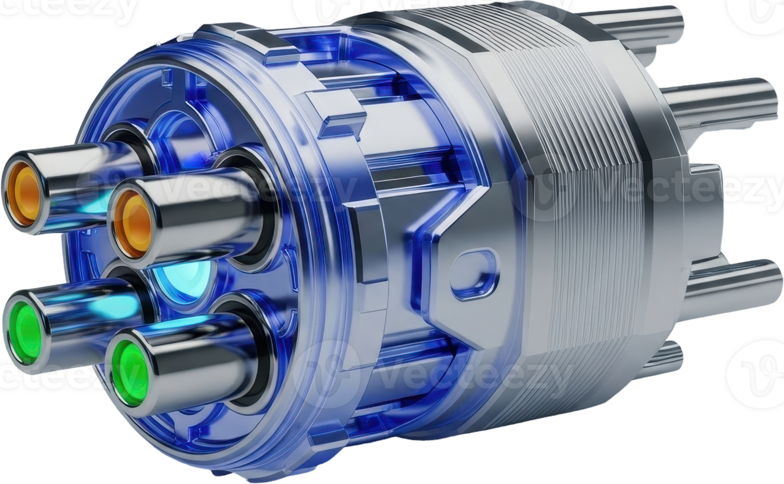 Futuristic gigantic composite audio connector with glowing ports and chrome finish png