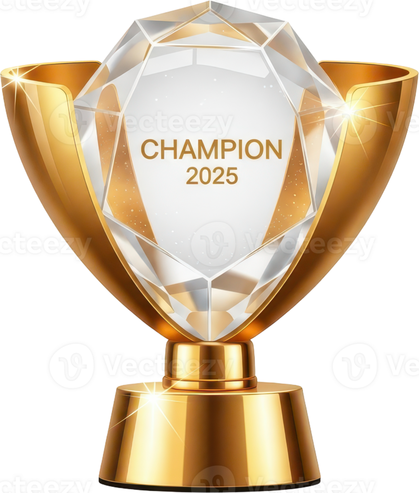 Elegant gold and crystal trophy award for champion 2025 achievement and success png