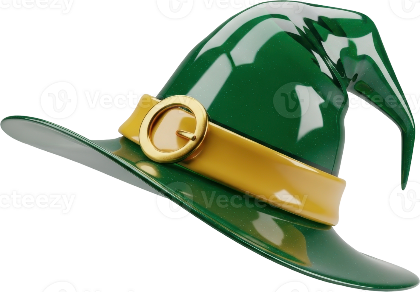 Glossy emerald green witch hat with golden band and brass buckle for magic themes png