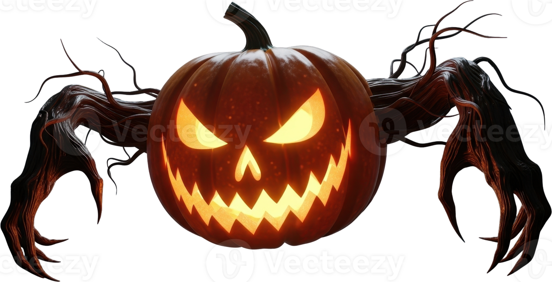 Sinister glowing jack o lantern with spooky branch arms for halloween decor png