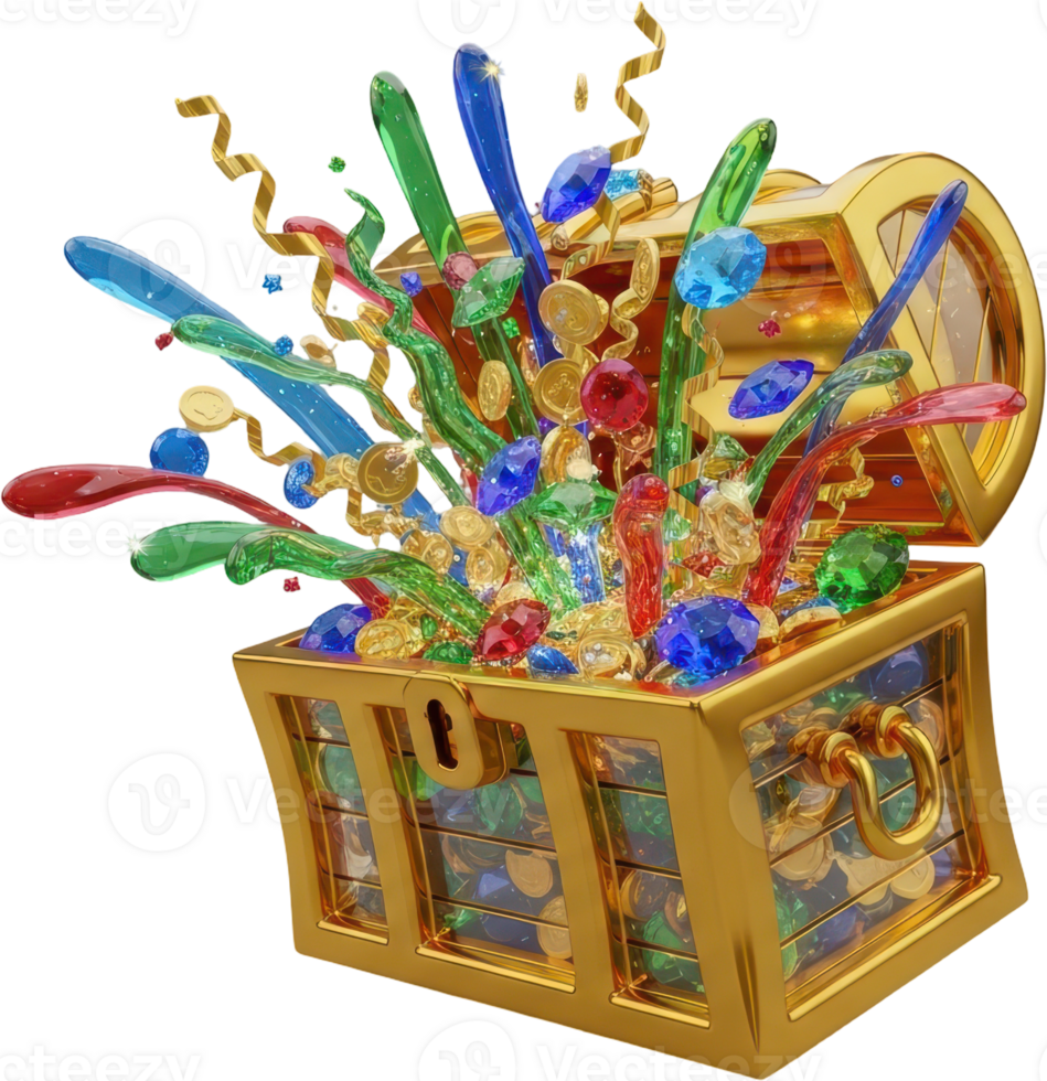 Golden treasure chest bursting with sparkling gems, gold coins, and waving ribbons png