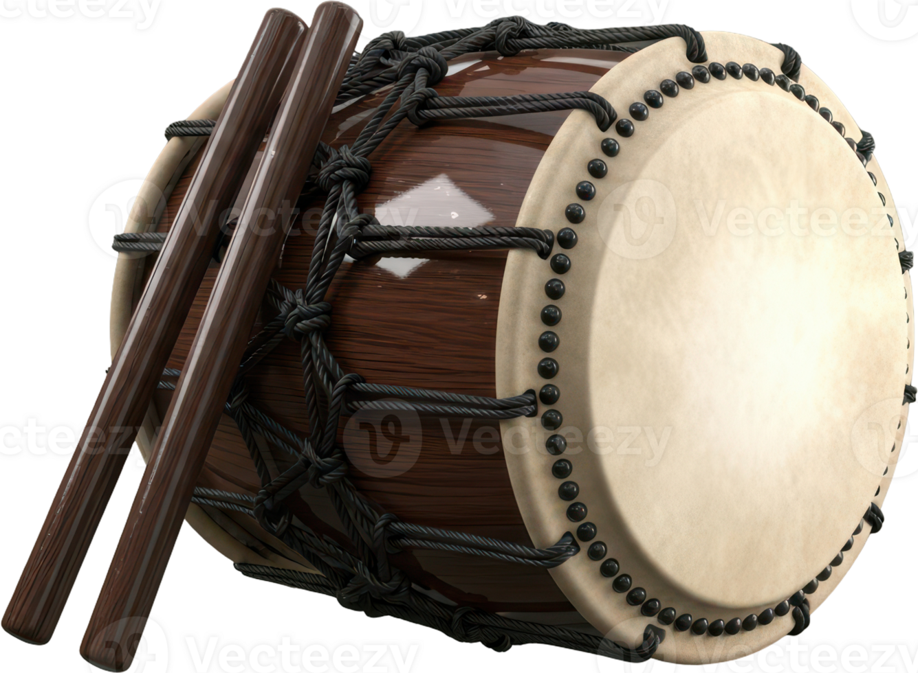 Traditional japanese taiko drum with drumsticks, a powerful percussive instrument png
