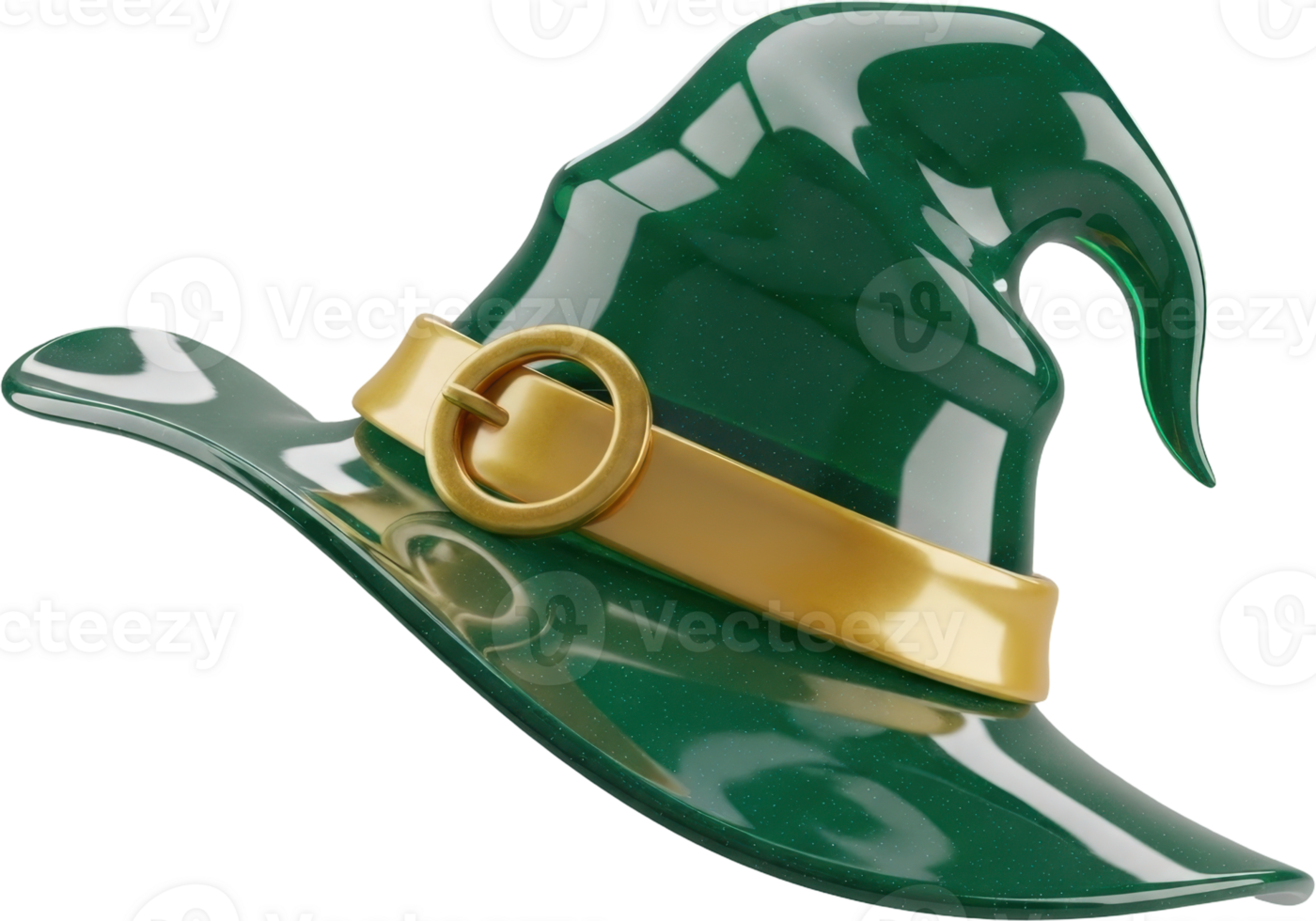 Glossy emerald green witch hat with golden band and brass buckle for halloween png