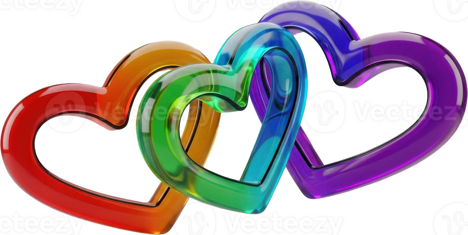 Glossy intertwined translucent heart shapes in a vibrant rainbow gradient png