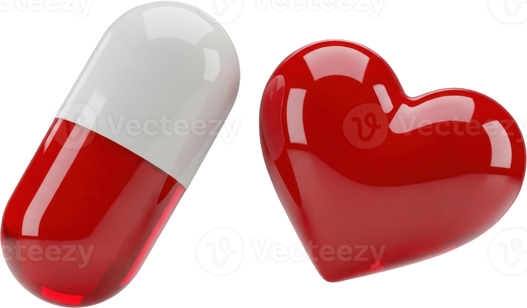 Shiny red and white medicine capsule alongside a vibrant red heart symbol png