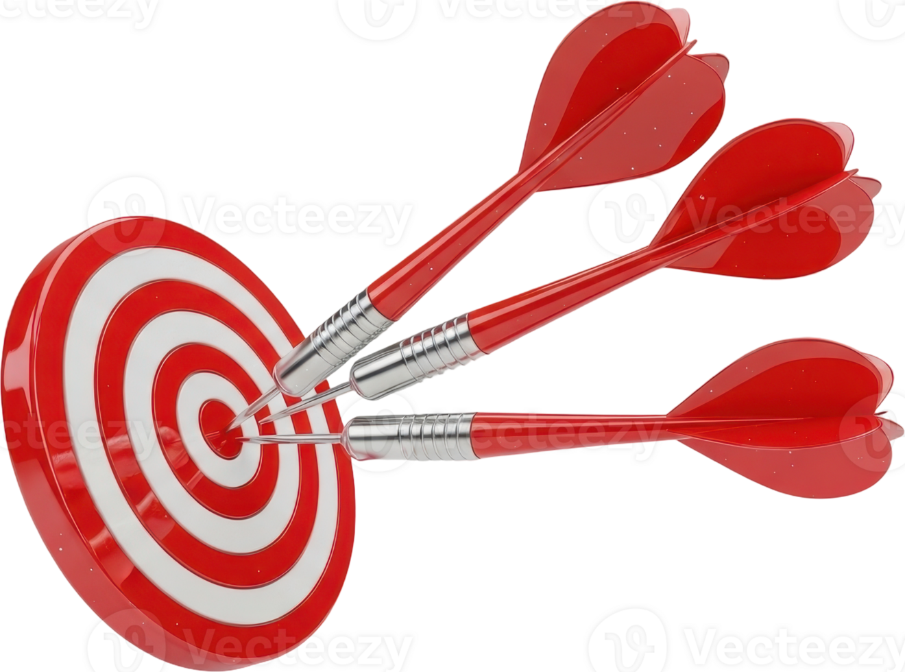 Three red darts perfectly hitting the bullseye of a red and white target board png